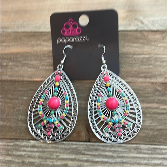 ❄️ Paparazzi | Silver and Pink Teardrop Earrings Boho Shabby Chic - Picture 2 of 10